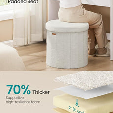 SONGMICS Mazie Collection - Round Storage Ottoman, Folding Footrest Stool with Removable Lid, Easy Assembly, Teddy Fleece Vanity Stool for Bedroom, Living Room, Entryway, Cream White ULSF606W01