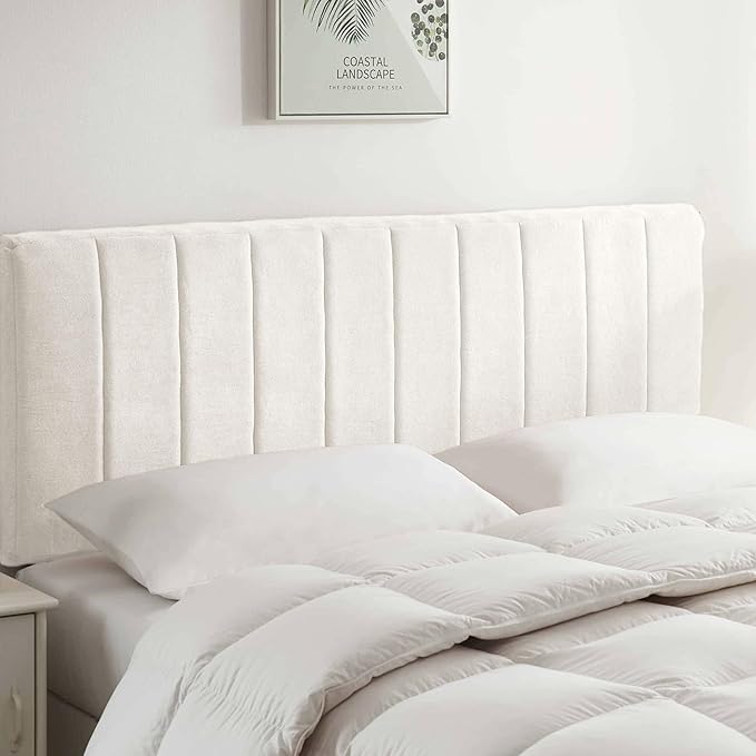 Hearth & Harbor Upholstered Twin Headboard - Easy Assemble Channel Stitched Headboard Twin Size - Wall Mounted Headboards with 3D Soundproof Wall Panels Peel & Stick Floating Headboards, Off White