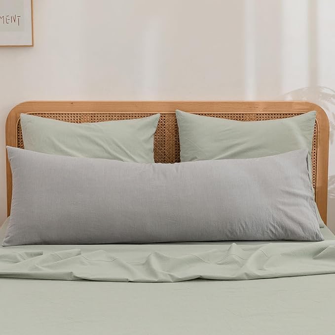 BESTOUCH 100% Washed Cotton Pillowcase for Hair and Skin Linen Feel Soft Comfortable Breathable 2 Set Pillow Case with Envelope Closure Solid Sage Green Euro 26x26 Inches