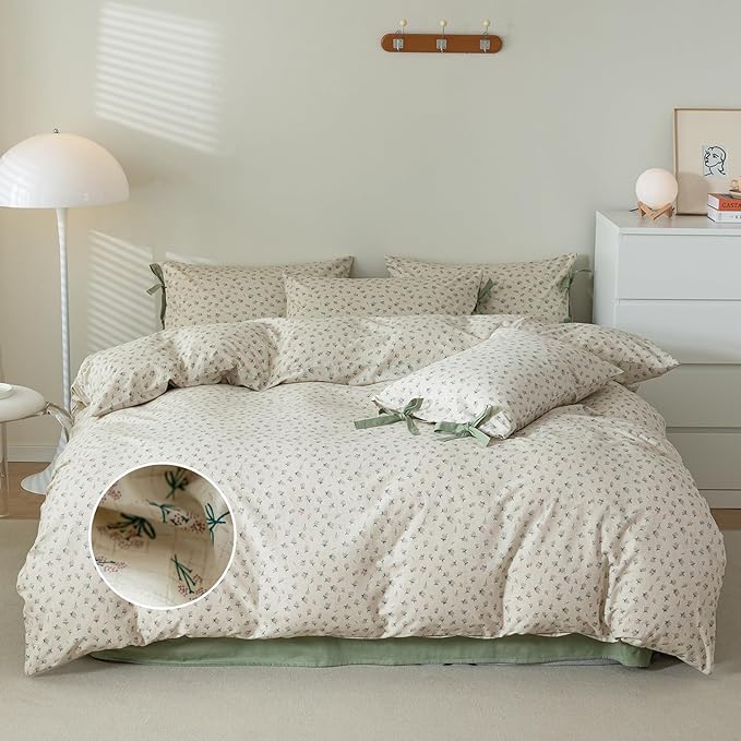 mixinni Country Style Duvet Cover Twin Size - Cottagecore Green Floral Vintage Bedding 3PC with Bow Ties Pillowcases, 100% Cotton Soft Aesthetic Boho Comforter Cover for Girls-Twin XL Size