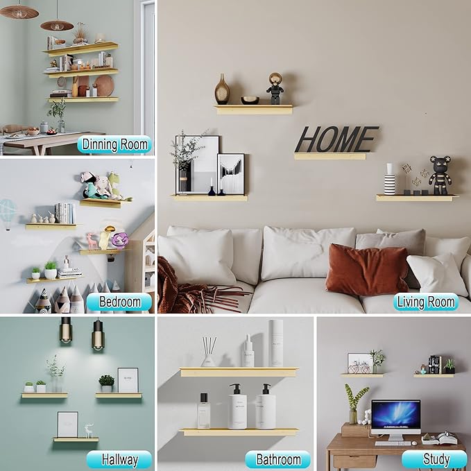 Metal Floating Shelves, Set of 2, Brushed Gold Wall Shelves Picture Ledge, Shower Caddy Wall Mounted, Decorative Display Shelf for Bedroom, Living Room, Bathroom, Office