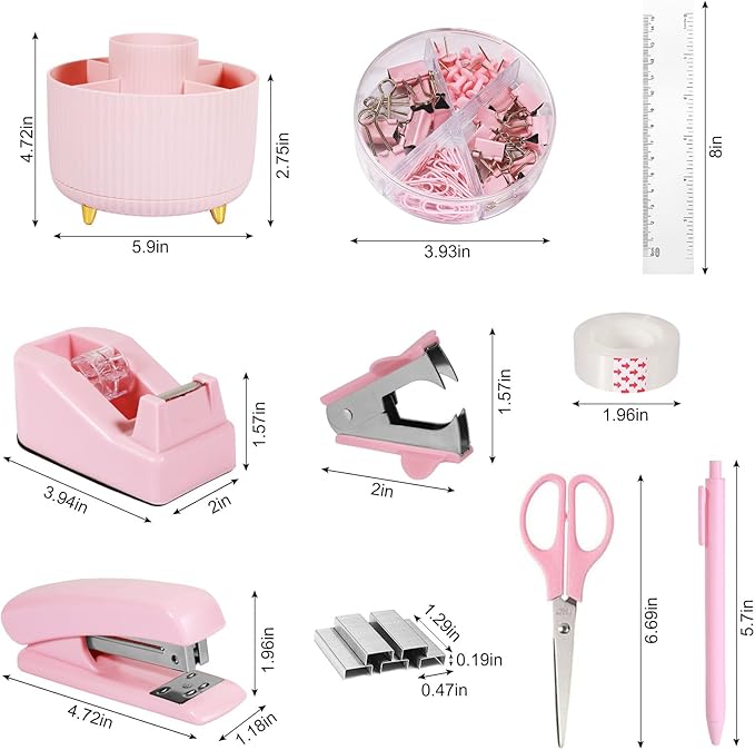 Desk Organizers and Accessories Set with 360-Degree Rotating Pen Holder, Tape Dispenser, Stapler, Staple Remover, 1000 Staples, Tape, Clips Set, Ruler, Scissor, Pen