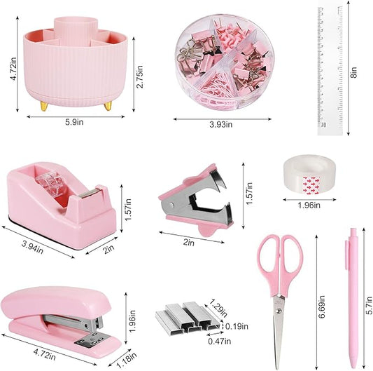 Desk Organizers and Accessories Set with 360-Degree Rotating Pen Holder, Tape Dispenser, Stapler, Staple Remover, 1000 Staples, Tape, Clips Set, Ruler, Scissor, Pen