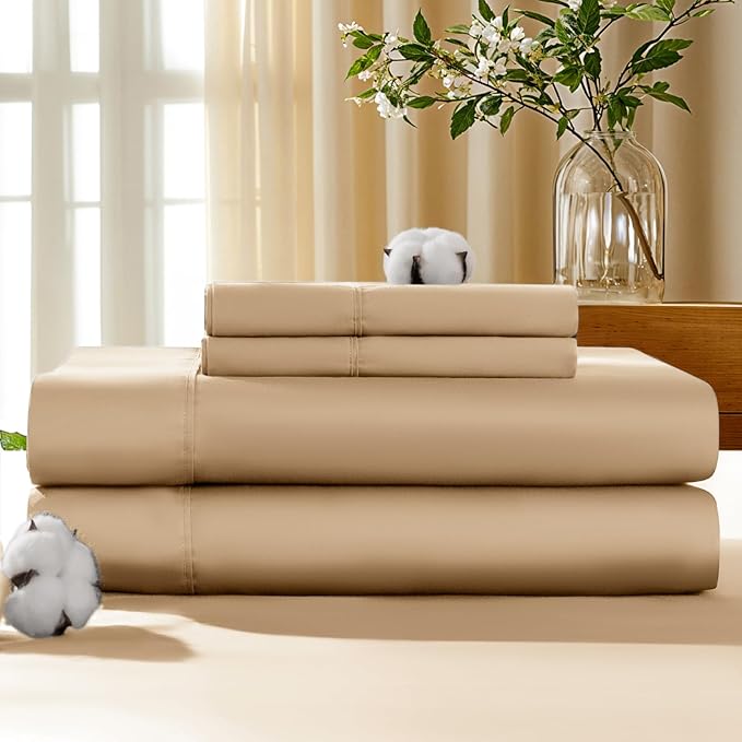 LBRO2M 100% Cotton Sheets Set Deep Pocket 19", 1000 Thread Count King Size 4 Piece Bed Sheet Sets Soft Comfortable Bedding All Season (King, Cream) LBRO2MBedding