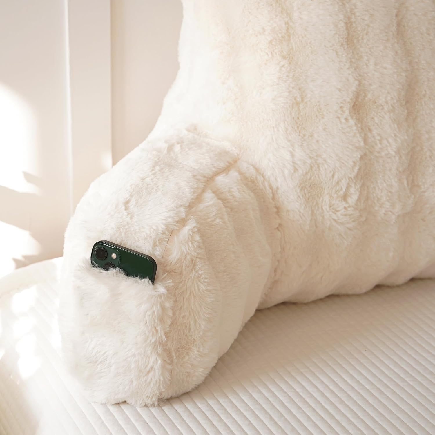 Yaoshuho Faux Fur Reading Pillow for Sitting in Bed, Large Backrest Bed Pillow with Arms, Back Support Pillow for Lounging Bedrest, Beige Dormly