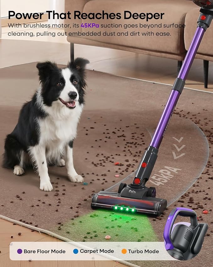 AlloyMove Cordless Vacuum Cleaner 45KPA, Up to 60mins Runtime Lightweight Powerful Suction Vacuum Cleaners for Home, 3 Suction Modes, Rechargeable Stick Vacuum for All Floor/Carpet/Pet Hair/Car, A03