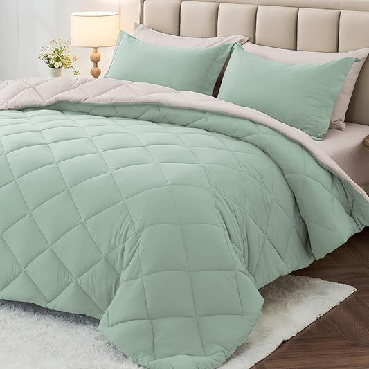 MUXHOMO 7 Pieces Full Comforter Set, Reversible Bed in a Bag Full Size, All Season Bedding Set with Comforter, Flat Sheet, Fitted Sheet, Pillowcases & Shams, Sage Green & Beige