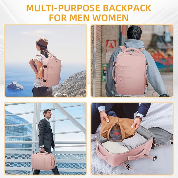 Travel Backpack For Women Men Airline Approved Carry On Backpack, Waterproof Outdoor Sports Rucksack Weekender Overnight College Business Backpack Fits 17 Inch Laptop - Pink