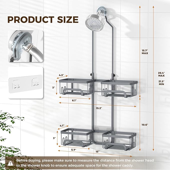 REINHARDT Adjustable Shower Caddy Hanging Split Shower Caddy for Handheld Showerheads, Rustproof Shower Organizer with Hooks for Razors Over the Head Caddy with Soap Holder Bathroom Accessories, Grey