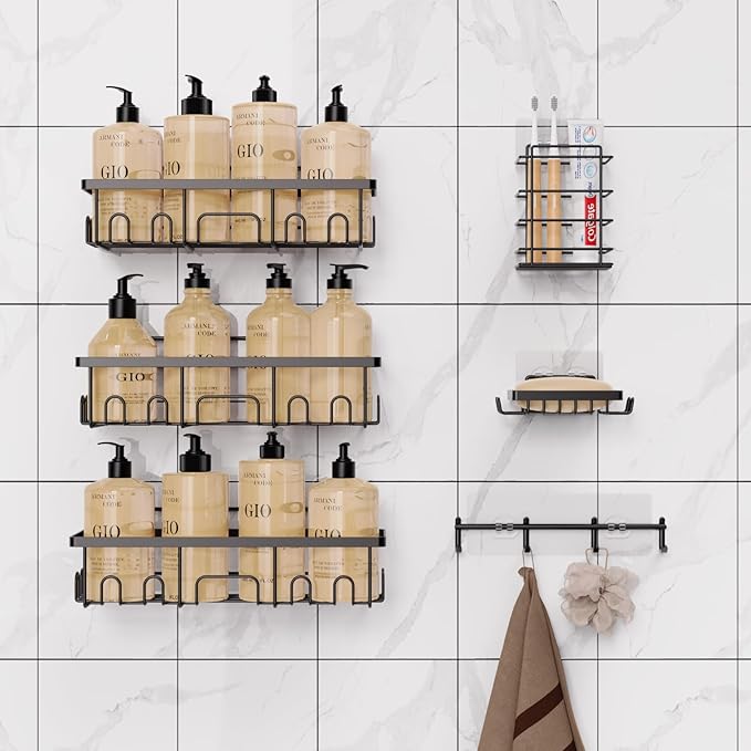Adhesive Shower Caddy, Rustproof Bathroom Organizers and Storage, No Drilling Shower Shelves With Large Capacity