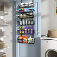 Over The Door Pantry Organizer, Pantry Organization and Storage, 6-Tier Deep Baskets Hanging Heavy-Duty Metal, Wall Spice Rack Seasoning Shelves for Home & Kitchen, Laundry Room Bathroom, Black