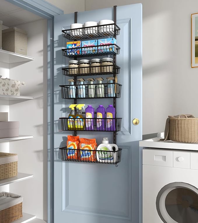 Over The Door Pantry Organizer, Pantry Organization and Storage, 6-Tier Deep Baskets Hanging Heavy-Duty Metal, Wall Spice Rack Seasoning Shelves for Home & Kitchen, Laundry Room Bathroom, Black