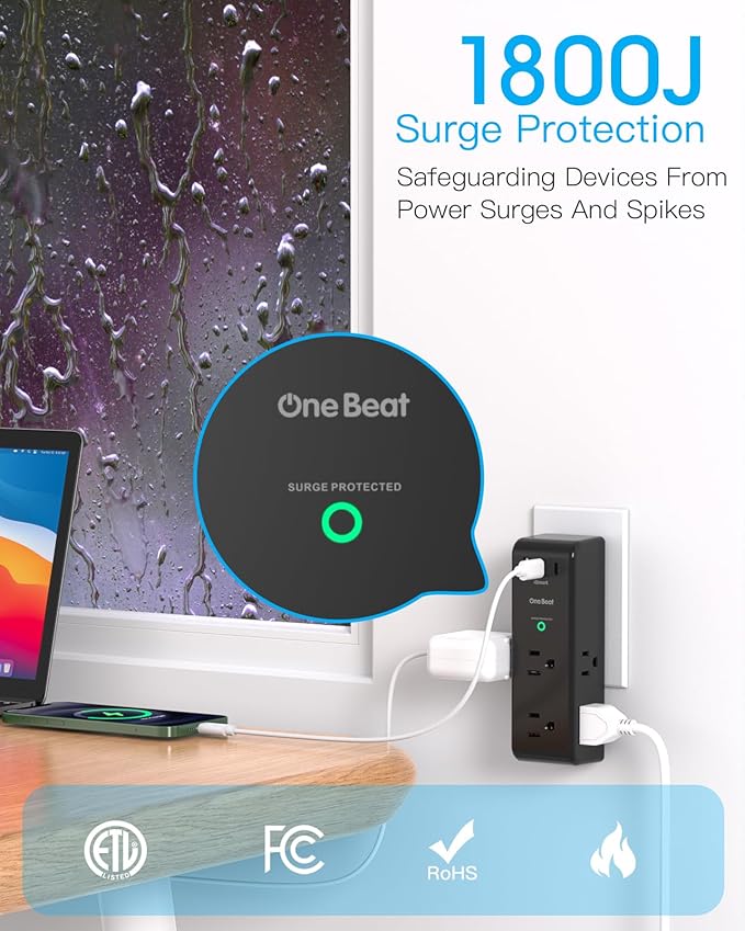 Surge Protector Outlet Extender with Rotating Plug, 6 AC Multi Plug Outlet with 3 USB Ports (2 USB C), 1800 Joules, 3-Sided Swivel Power Strip with Spaced Outlet Splitter for Home, Office, Dorm, Black