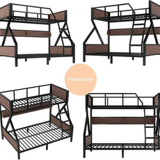 Twin over Full Bunk Bed with Storage Shelves, Metal Bunk Beds with Ladders and Lights, Heavy-duty Bunkbed for Bedrooms, Guest Rooms and Dorms, No Box Spring Needed and Noise-free Design, Black