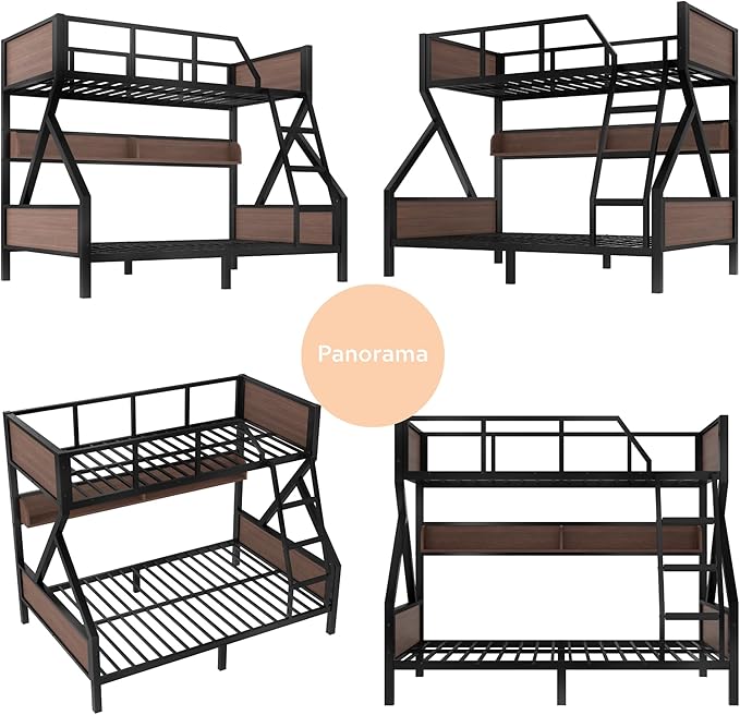 Twin over Full Bunk Bed with Storage Shelves, Metal Bunk Beds with Ladders and Lights, Heavy-duty Bunkbed for Bedrooms, Guest Rooms and Dorms, No Box Spring Needed and Noise-free Design, Black