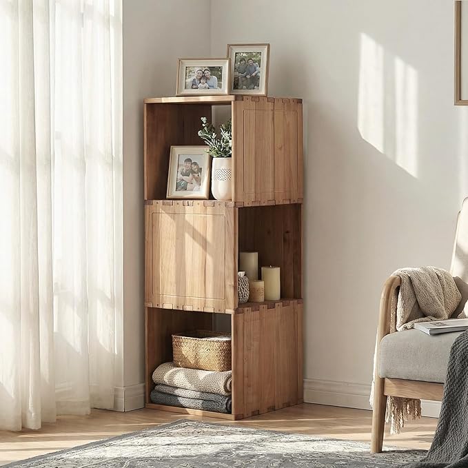 Solid Wood Corner Shelf, Square Bookcase Cube Tower, Stationary Shelves - Sturdy Freestanding Organizer for Beside TV Stand&Room Corners, Storage Display for Small Spaces, Rustic Brown, 4-Tier