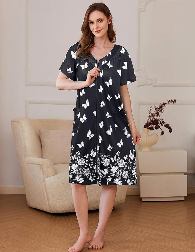 Ekouaer Women Robe Zipper Front Mumu Duster Robes Zip Up Housecoat Soft Sleepwear with Pockets