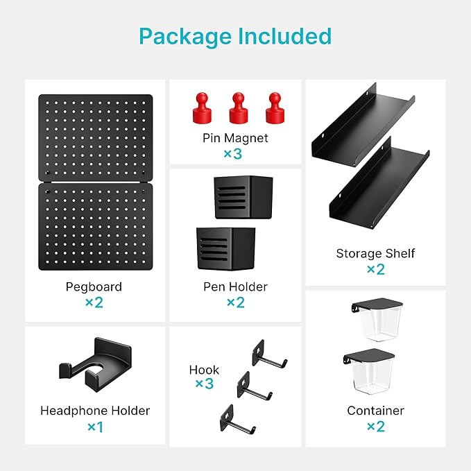 Pegboard Wall Organizer Combination Kit, Overall 25.4"x16.6" Metal Office Pegboard with 13 Accessories, Wall Mounted Peg board Display Panels for Home, Gaming Room, Garage (2Pcs, Medium,Black)