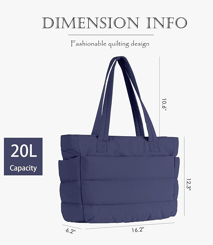 Puffer Tote Bag for Women, Cute Quilted Carryall with Zippered Compartments Shoulder Bag Handbag for Work, Travel, Gym