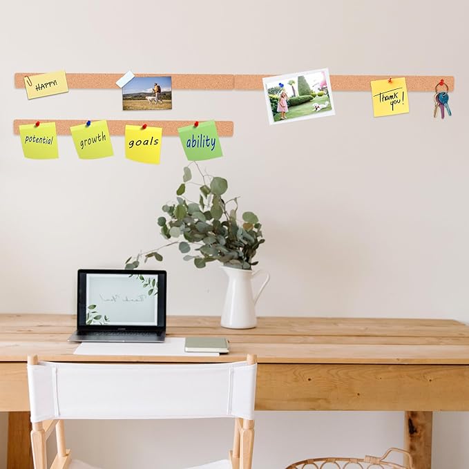 8 Pack Small Bulletin Strip Cork Strip Cork Board Tiles Bulletin Bar Strips for Walls, Adhesive Pin Board for Classroom Memo Office Home Kitchen School Desk, 14"x1"-10mm Thick