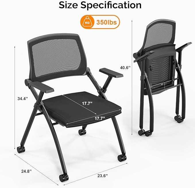 VINGLI 10 Pack Stackable Conference Room Chairs with Wheels, Folding Office Chair with Rebound Back, Padded Seat for Training Room, Guest, Reception, Event, Capacity 350lbs, Black