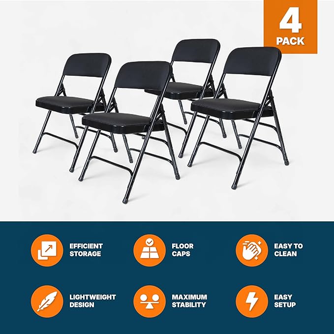 OEF Furnishings OEF2300 Series Heavy-Duty Premium Fabric Padded Upholstery Double-Hinged Triple-Braced Folding Chairs (4-Pack, Classic Black)
