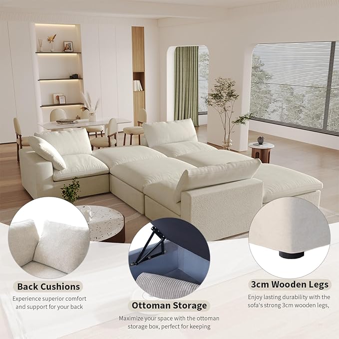 WJShome Cloud Modular Sectional Sofa,160.6" Down Filled 5 Seater Couch,V Shaped Oversized Convertible Sectional Sofa for Living Room,Covers Removable & Washable, Khaki