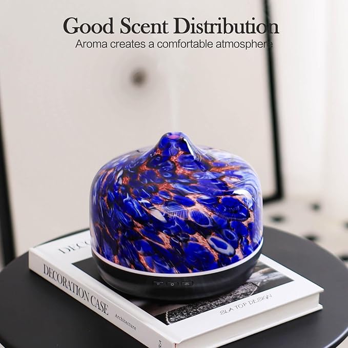 Porseme 500ml Glass Essential Oil Diffuser Aromatherapy Ultrasonic Cool Mist Humidifier 15-21 Running Hours Waterless Auto-Off Air Diffusers for Sleeping Yoga Office Working Spa and Rest (Deep Blue)