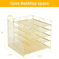 Desk Organizers and Accessories, 5-Tier Paper Letter Tray Organizer with File Holder, Desktop Organizer for Office Supplies (Gold)