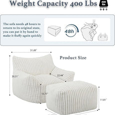 Oversized Bean Bag Chaise Lounge Chair Indoor for Adults with Armrests & Ottoman - Giant Comfy Beige Beanbag Lazy Floor Sofa Cloud Accent Chair for Reading, Gaming, Cozy Fluffy Cloud Mini Couch