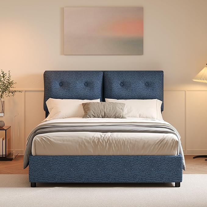 Full Size Bed Frame with Headboard, Cloud Boucle Upholstered Bed Frame, Modern Soft Style, Adjustable Headboard, No Box Spring Needed, Easy Assembly, Blue