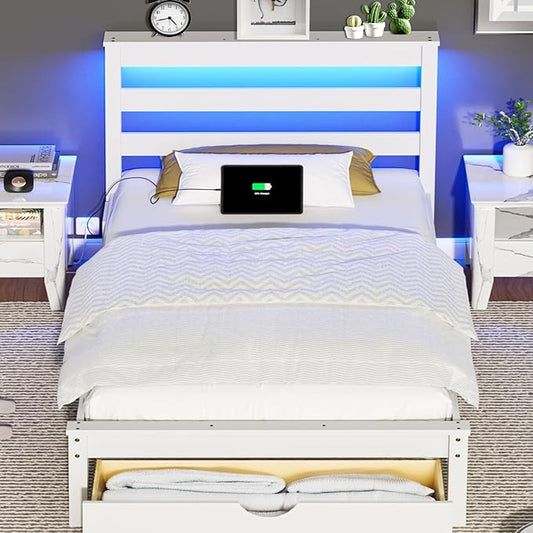 VINGLI Solid Wood Twin Bed Frame with LED Lights & USB Charging Station,Kids Platform Bed with Storage Headboard Shelf, Underbed Storage Drawer,White