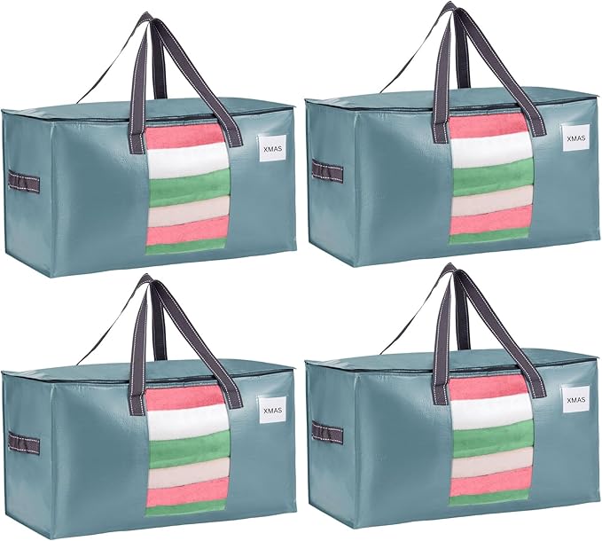 VENO 4 Pack Moving Bags, Christmas Storage Bins, Moving Boxes Alternative, Comforter and Blanket Storage Bags, College Dorm Packing Supplies, Foldable Heavy-Duty Tote (Shiny Light Blue, 4 Pack)