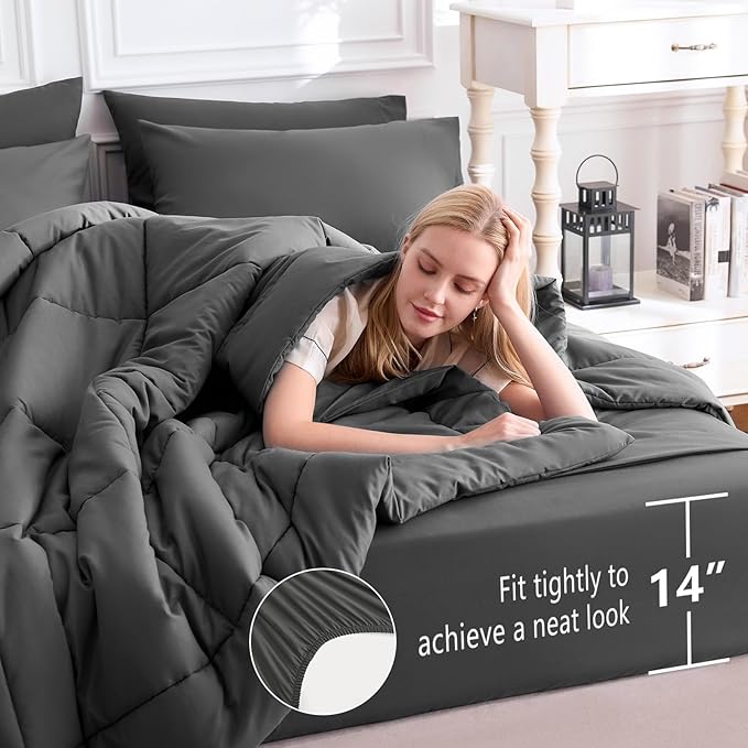 CozyLux Twin XL Comforter Set Dark Grey, 5 Pieces Twin Extra Long Bed in a Bag for College Dorm, All Season Bedding Set with Stitch Quilted Comforter, Flat Sheet, Fitted Sheet, Pillowcases