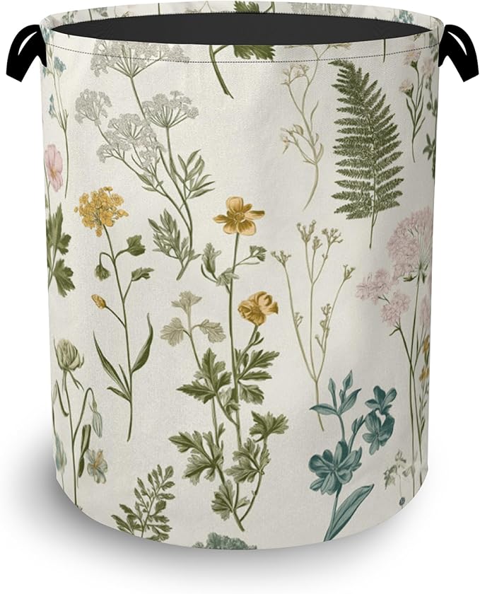 Wildflowers Herb Laundry Basket,Plants Botanical Oxford Cloth Laundry Hamper with Handle Foldable Portable Clothes Storage Basket for Bathroom Bedroom Dorm Room 16" x 20.8"