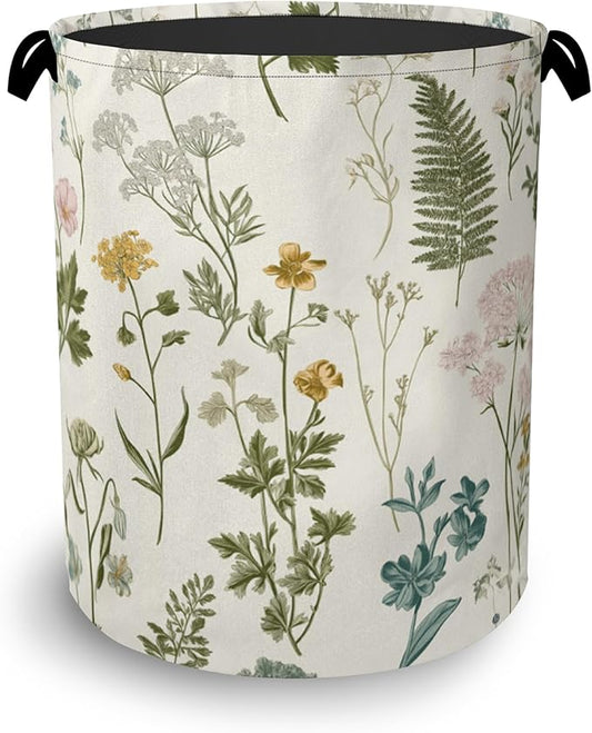 Wildflowers Herb Laundry Basket,Plants Botanical Oxford Cloth Laundry Hamper with Handle Foldable Portable Clothes Storage Basket for Bathroom Bedroom Dorm Room 16" x 20.8"