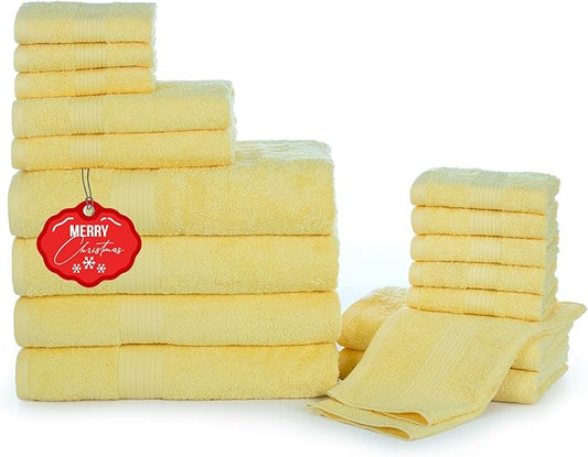 Ample Decor Bathroom Towel Set of 18-4 Hand Towel, 4 Bath Towel, 10 Wash Cloths - Oeko Tex Certified 600 GSM 100% Cotton - High Absorbency Quick Drying, Ideal for Gifting - Yellow