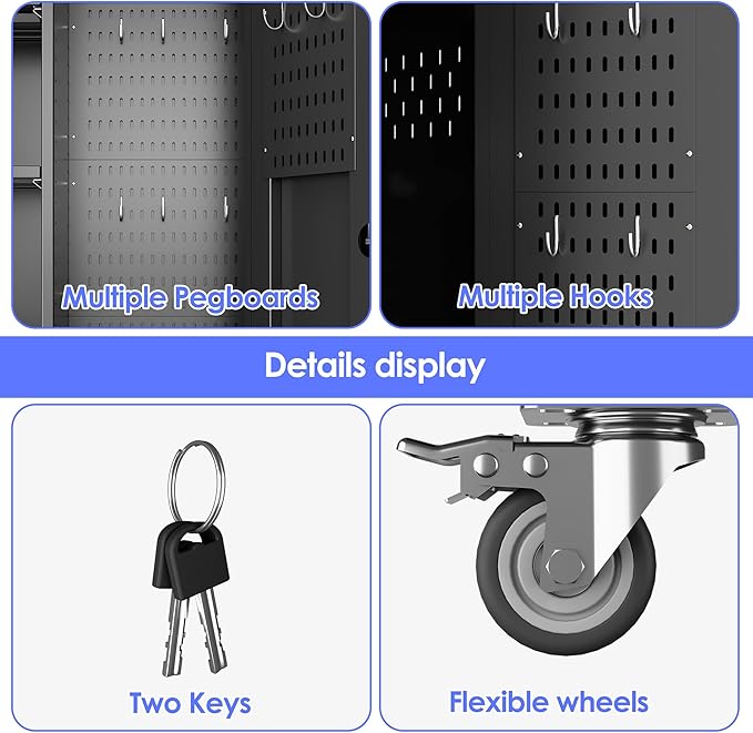 SUXXAN Broom Closet Storage Cabinet with Wheels 61.6"x 27.5"x11.7", Metal Cleaning Cabinets with Hooks and Hanging Rods, Lockable Cabinet with Pegboard, Adjustable Shelf,for Garage, Laundry Room
