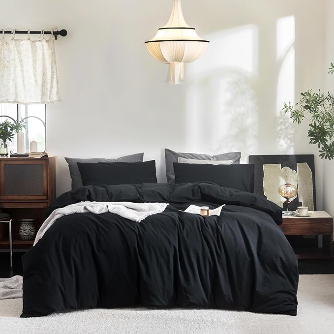 FOSSA Duvet Cover Set 100% Washed Cotton Linen Feel Super Soft Breathable Cozy 3 Pieces Bedding Sets Solid Black California King