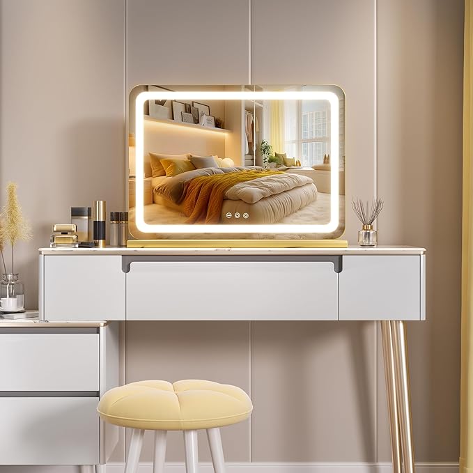 Hasipu Vanity Mirror with Lights, 39.4" x 30" LED Makeup Mirror, Lighted Makeup Mirror with Dimmable 3 Modes, Touch Screen Control Vanity Mirror Round Gold