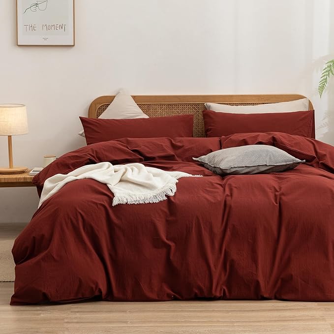 BESTOUCH Duvet Cover Set 100% Washed Cotton Linen Feel Super Soft Comfortable Chic Lightweight 3 PCs Home Bedding Set Solid Fired Brick Red Super King