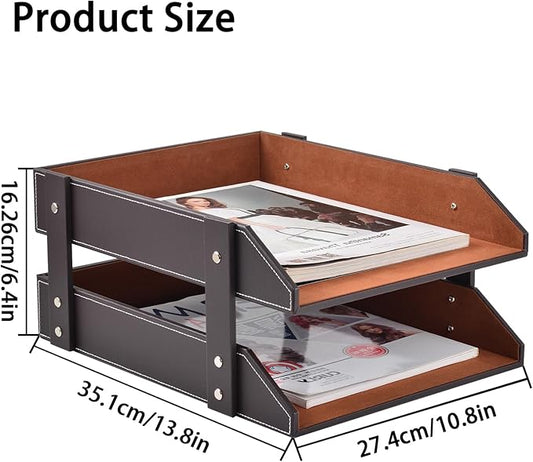 Leather Desk Organizer,2-Tier Stackable Letter Tray Holder,Office Supplies Desktop Storage Box for Document,Stationery,Magazines,Newspapers,Letters and Other Home Office Paper Sundries,Coffee