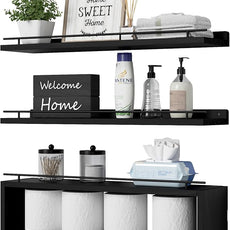 WOPITUES Floating Shelves for Wall 24 inch with Cube Shelf, Wall Shelves with Metal Rail for Decor, Bathroom Organizers and Storage, Over Toilet Shelves for Bathroom, Toilet Paper-Black