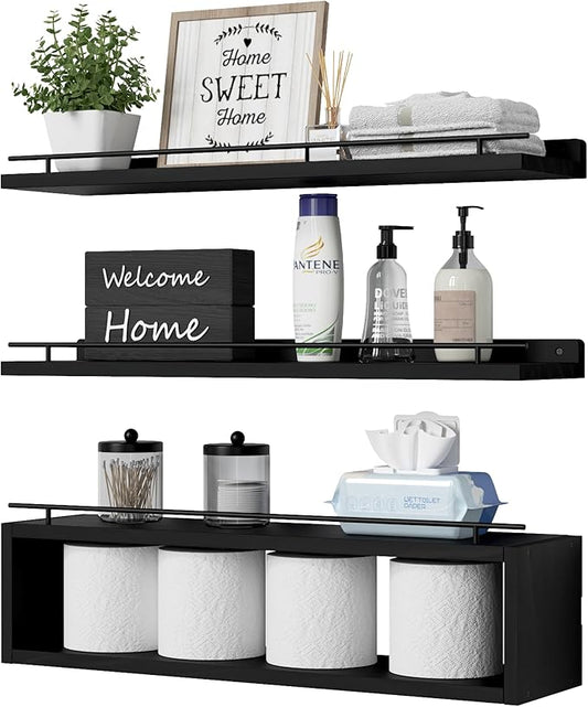 WOPITUES Floating Shelves for Wall 24 inch with Cube Shelf, Wall Shelves with Metal Rail for Decor, Bathroom Organizers and Storage, Over Toilet Shelves for Bathroom, Toilet Paper-Black