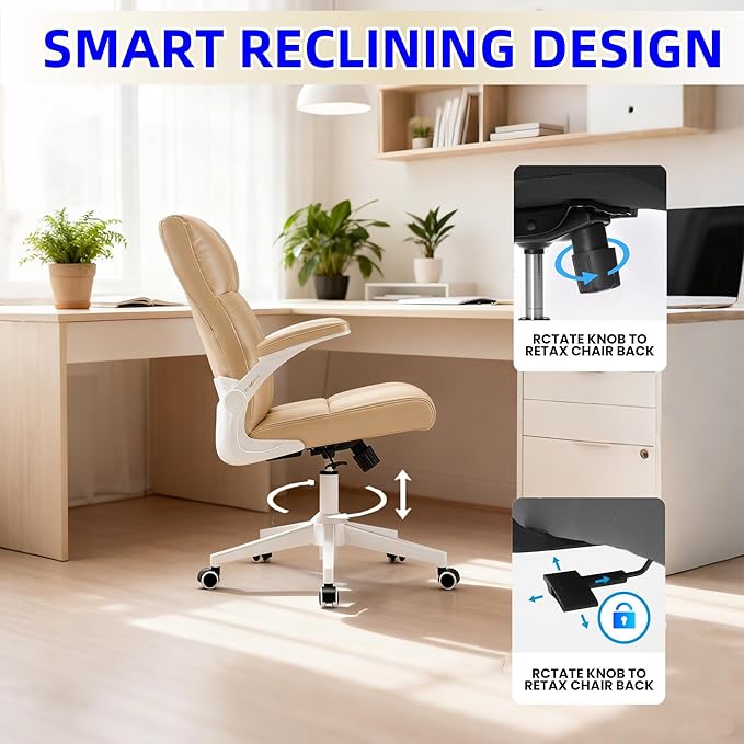 Ergonomic Home Office Desk Chair with Space Saving Flip-Up Arms, 360° Swivel & Reclining Back, High-Back Executive Chair in Soft Faux Leather Chair Multi-Angle from 90° to 135°with 450LBS Capacity