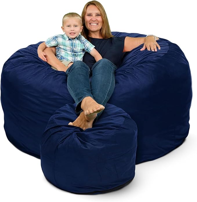 Ultimate Sack 6000 6-Foot Bean Bag Chair with Footstool, Navy Suede Cover – Oversized Foam Lounger, Floor Seat, Small Sofa, or Couch Bed for Living Area, Gaming Room, or Reading Lounge