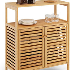 COSTWAY Bamboo Bathroom Cabinet, Freestanding Storage Cabinet Organizer with Louver Doors & Removable Shelf, Bathroom Floor Cabinet for Living Room, Kitchen, Entryway, Natural
