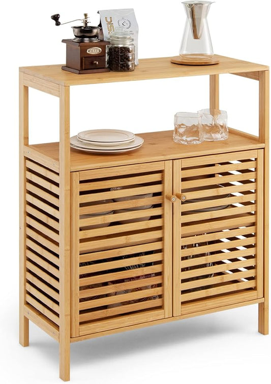 COSTWAY Bamboo Bathroom Cabinet, Freestanding Storage Cabinet Organizer with Louver Doors & Removable Shelf, Bathroom Floor Cabinet for Living Room, Kitchen, Entryway, Natural