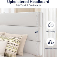 Allewie Twin Size Platform Bed Frame with Velvet Upholstered Headboard and Wooden Slats Support, Fully Upholstered Mattress Foundation/No Box Spring Needed/Easy Assembly, White