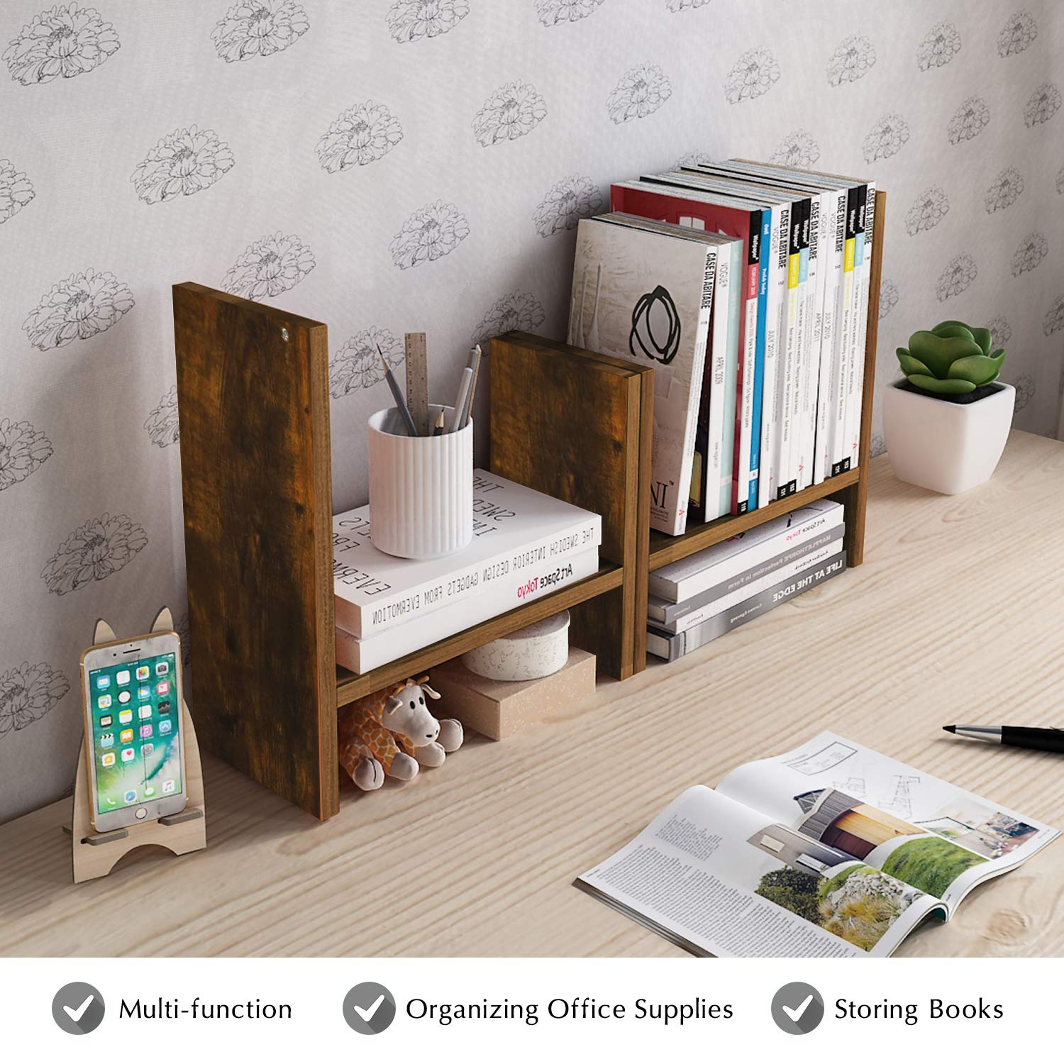 Jerry & Maggie Desktop Organizer Office Storage Rack Adjustable Wood Display Shelf Free Style Double H, Multi-Functional Mini Bookshelf for Desk Natural Stand (Violet) Dormly